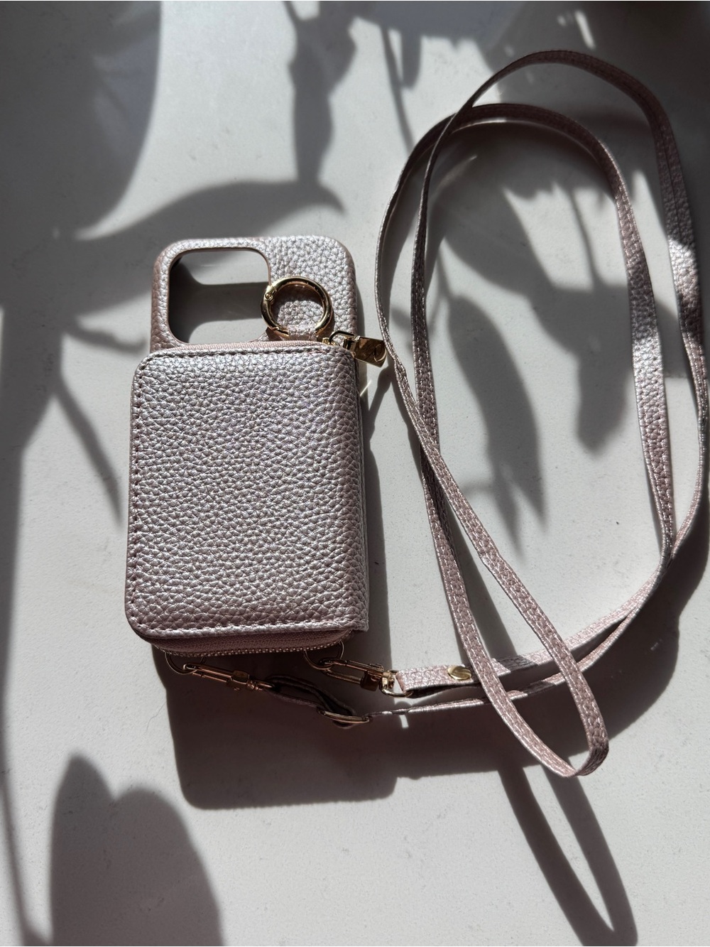 Leather Crossbody Phone Case with Card Wallet - Rose Gold - for iPhone 15 Pro